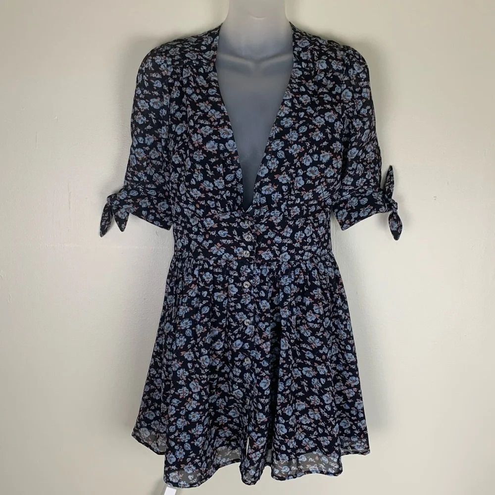 Nightwalker Floral Print Black Navy Blue V Neck Low cut Mini Dress Small fairy